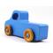 Handmade wooden toy pickup truck painted in baby blue with metallic sapphire blue trim. The truck features non-marring amber shellac wheels and is part of my Play Pal Collection. A close-up shot of the toy truck on a white background. Made to Order.